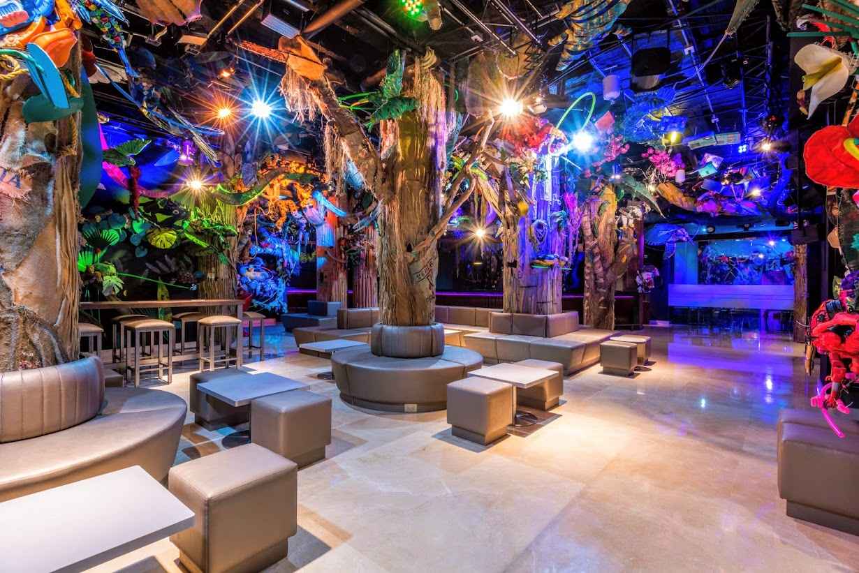 Salón decorado con varios árboles artificales que en su parte baja está rodeado por una silla circular acolchada. Al lado hay varios butacos acolchados. En el techon hay varias luces de colores, especialmente azules.