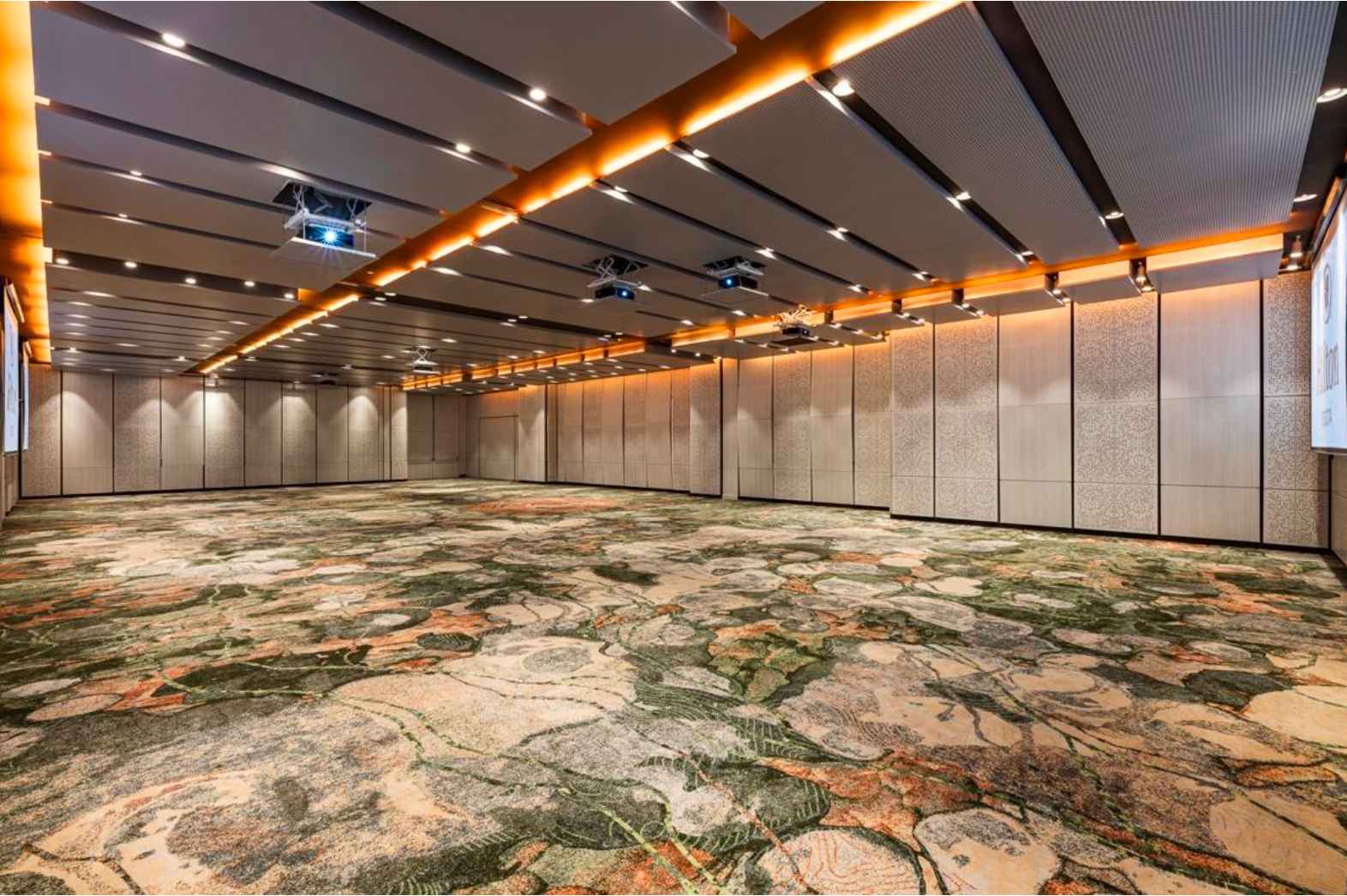 Gran salón con un tapete que simula mancha de colores. Em el techo hay un videobeam que proyecta a una pantalla.