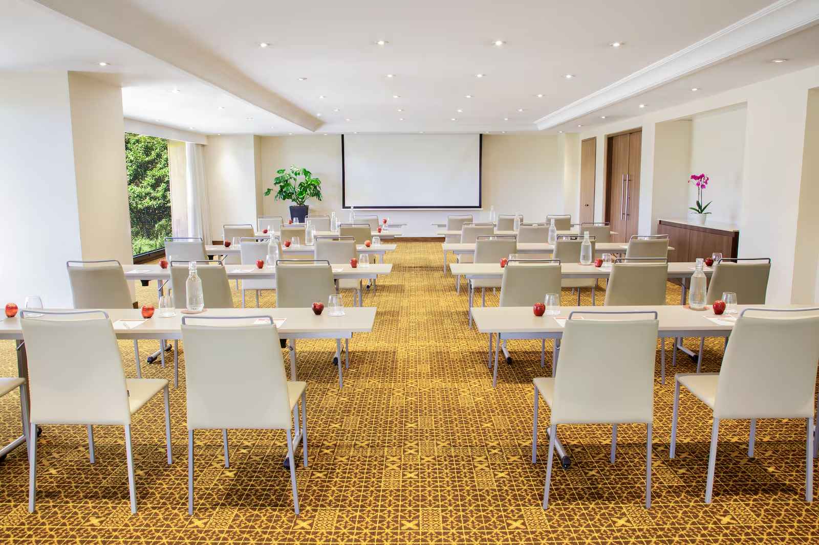 Salón pequeño con ventanales a jardines a un lado. Hay dos filas con 6 de mesas, organizadas de forma vertical mirando hacia una pantalla de videobeam. Hay un lindo tapete color caoba y una matera con una orquídea.