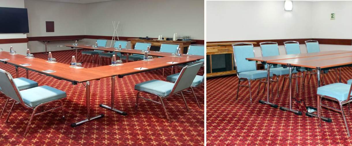 Dos salones en una misma foto. A la izquierda un salón con varias mesas formando una U, mirando hacia una pantalla de televisión; hay varias sillas metálicas alrededor. A la derecha, un primer plano de una mesa con varias sillas.