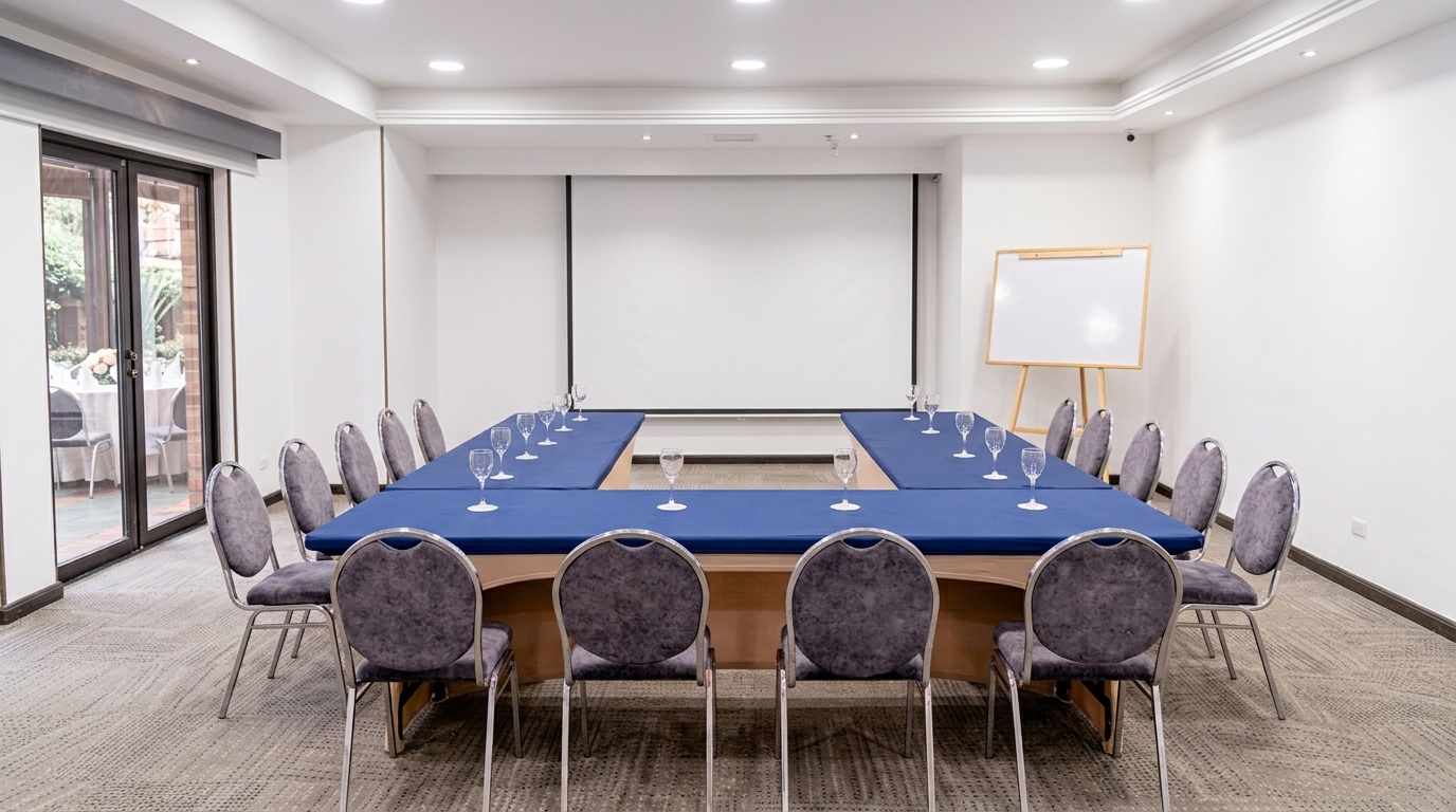 Salón de reuniones del Hotel Parque 97, dispuesto para encuentros, eventos y actividades empresariales.