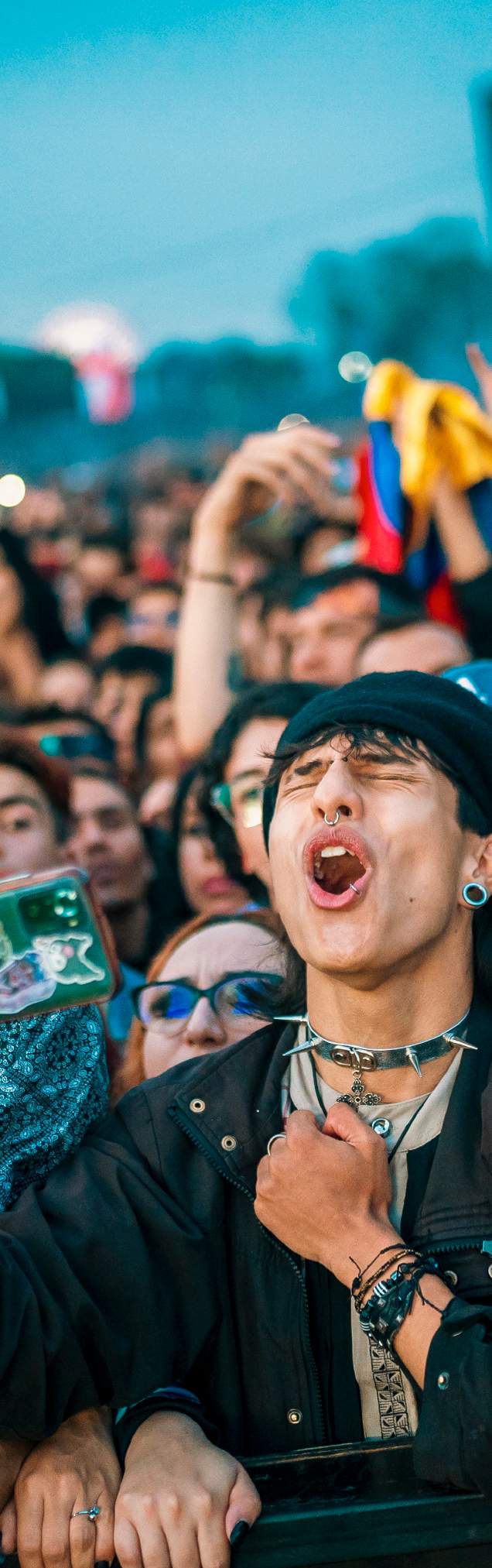 Público disfruta de un concierto al aire libre, mientras levanta las manos y canta junto al artista.
