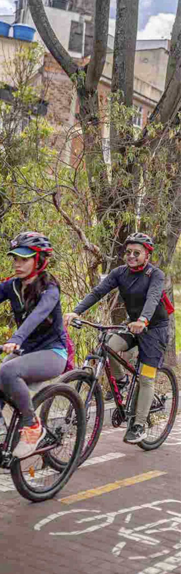 Dos ciclistas con casco y ropa deportiva montando bicicleta por una ciclorruta urbana junto a árboles.