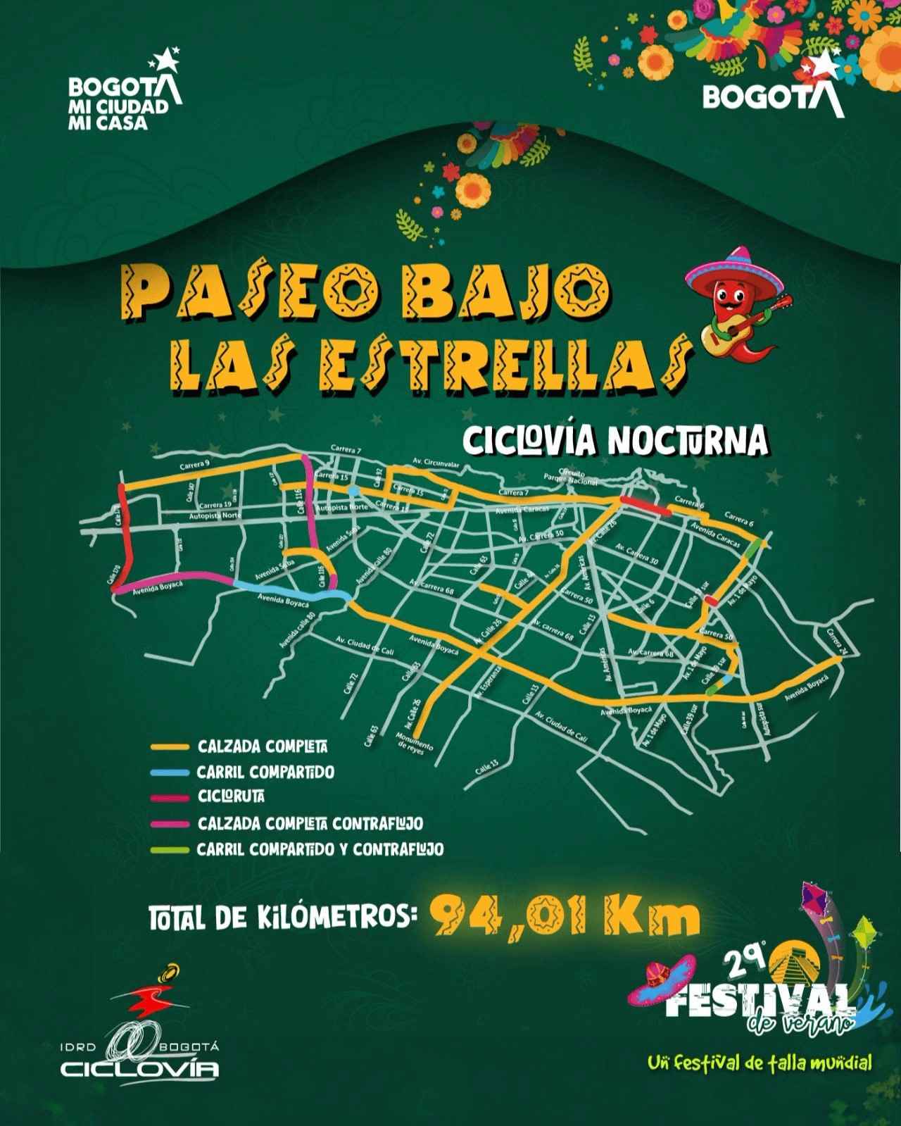 La ciclovía nocturna son 94 kilómetros para disfrutar Bogotá. Foto: Cortesía IDRD.
