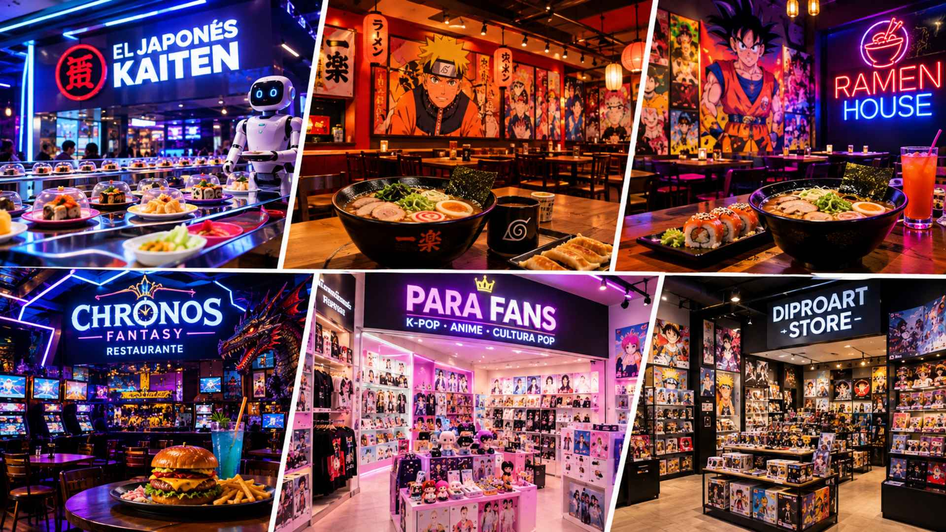 Imágenes de restaurantes de ramen, tiendas de anime y locales temáticos de cultura pop y videojuegos en Bogotá.
