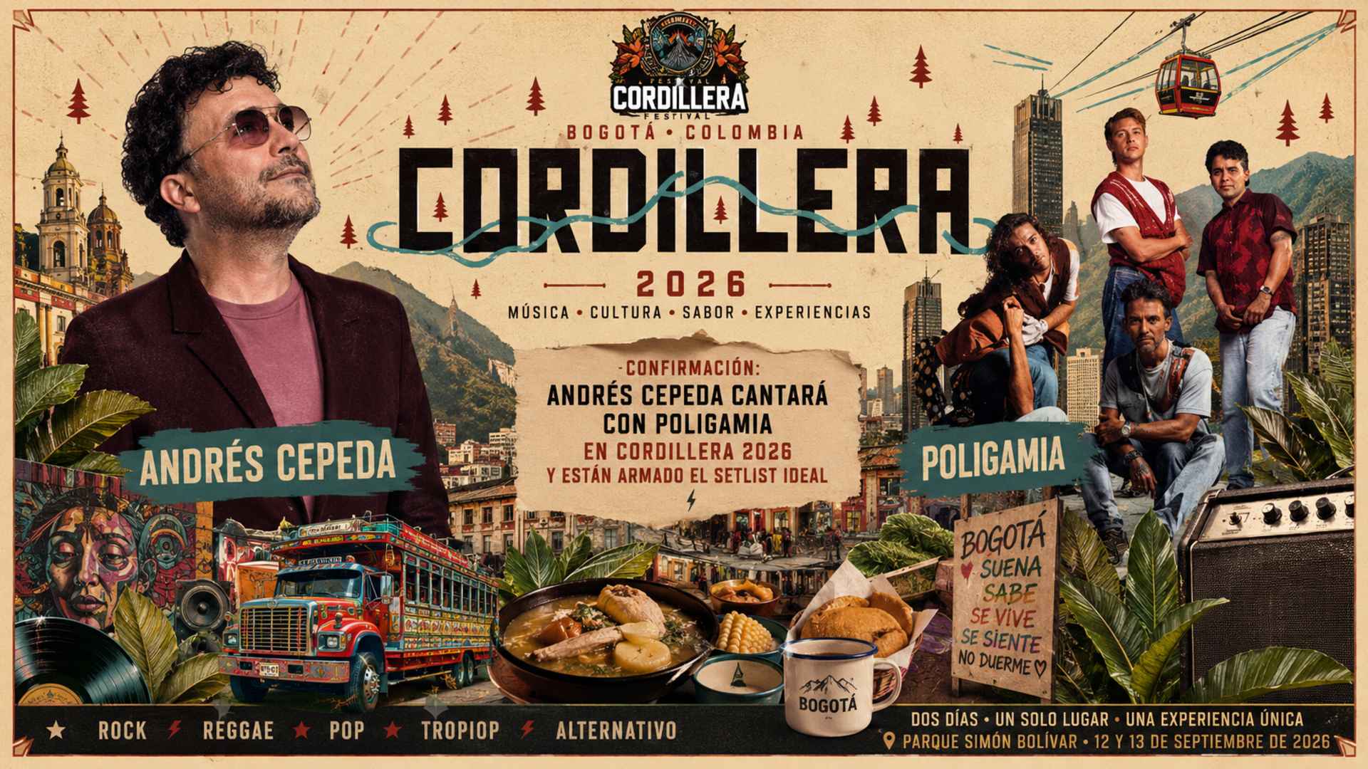 Composición con Andrés Cepeda, el grupo Poligamia, un plato de ajiaco, un bus chiva y edificios de Bogotá al fondo.