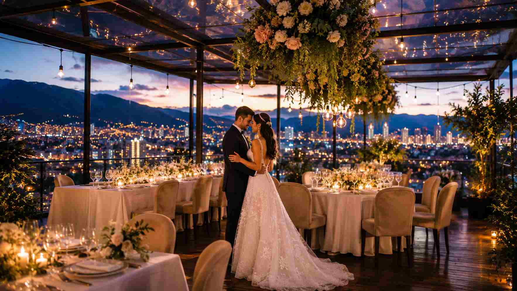 Celebración nocturna de bodas con vista panorámica a la ciudad iluminada. Foto: IDT