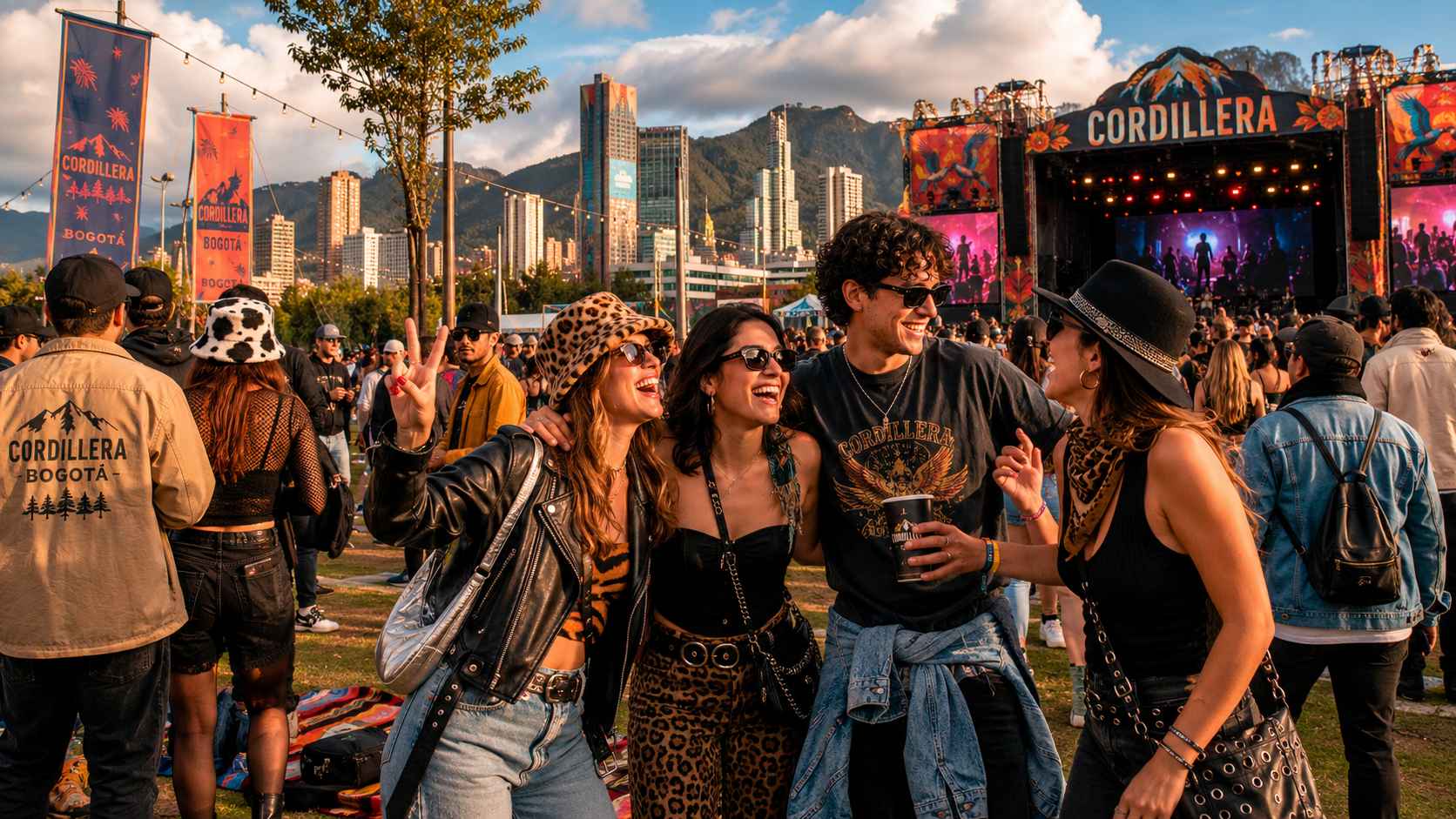 Cuatro amigos sonriendo en un festival con un escenario al fondo, rodeados de gente y edificios bajo las montañas