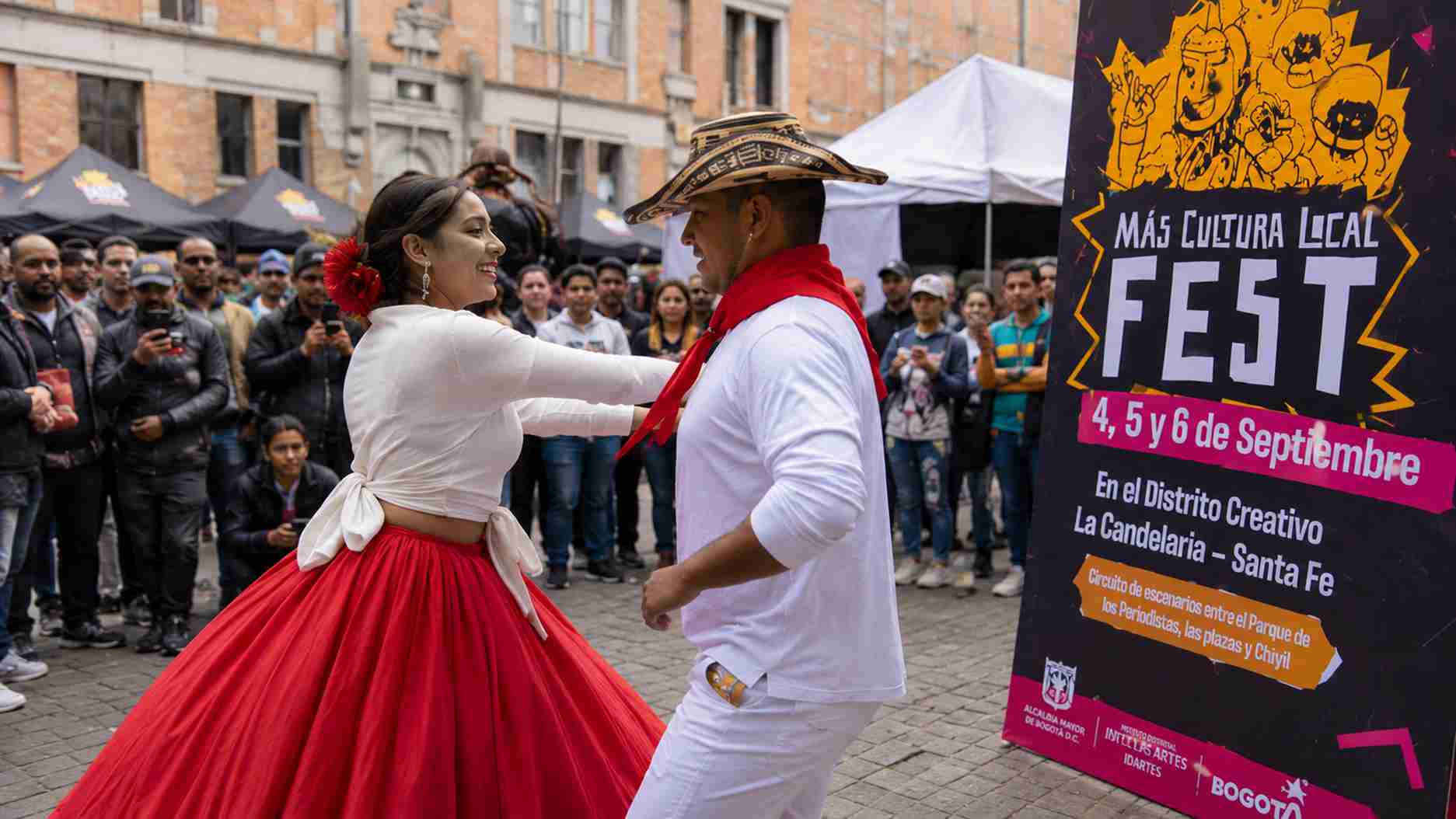 Pareja con traje típico bailando danza folclórica en plaza pública junto a pasacalles de festival Más Cultura Local.