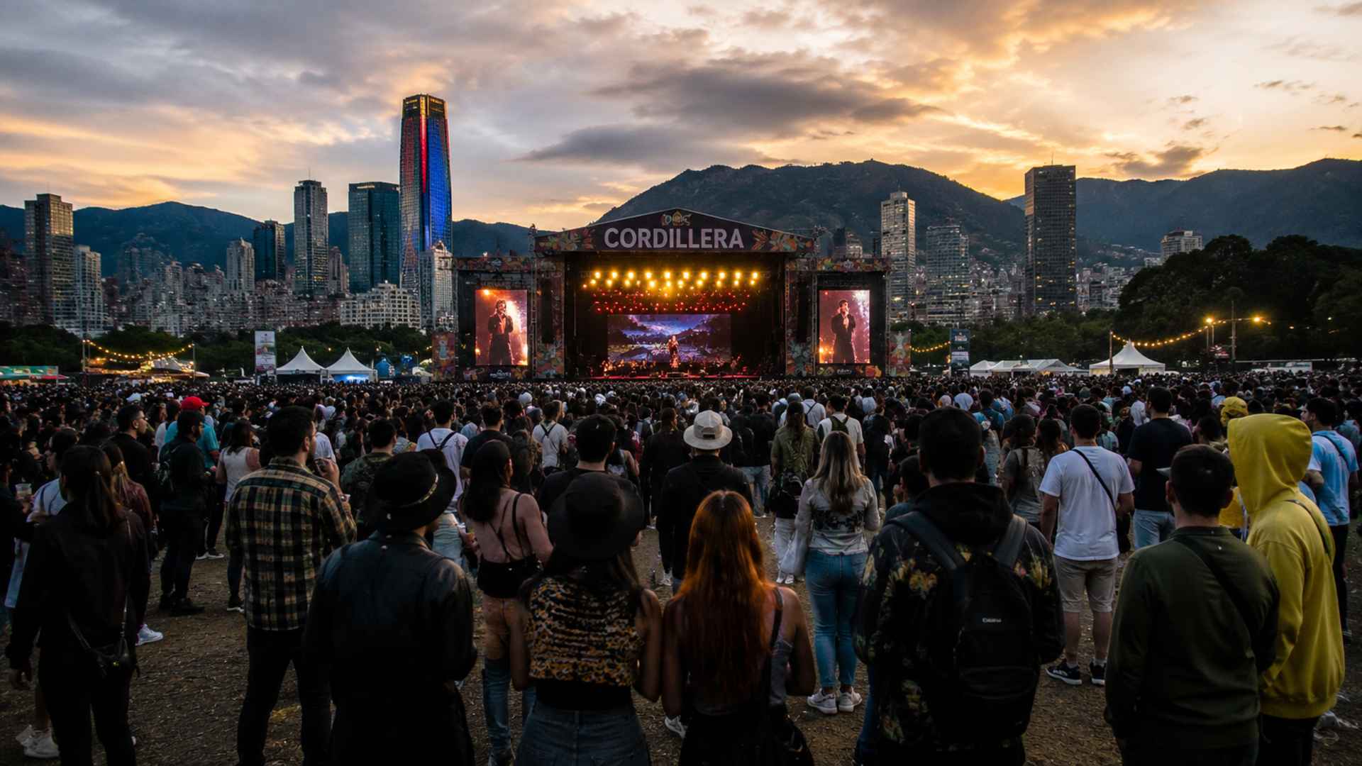 Multitud de espaldas contemplando un concierto en un gran escenario, con rascacielos y montañas al atardecer.