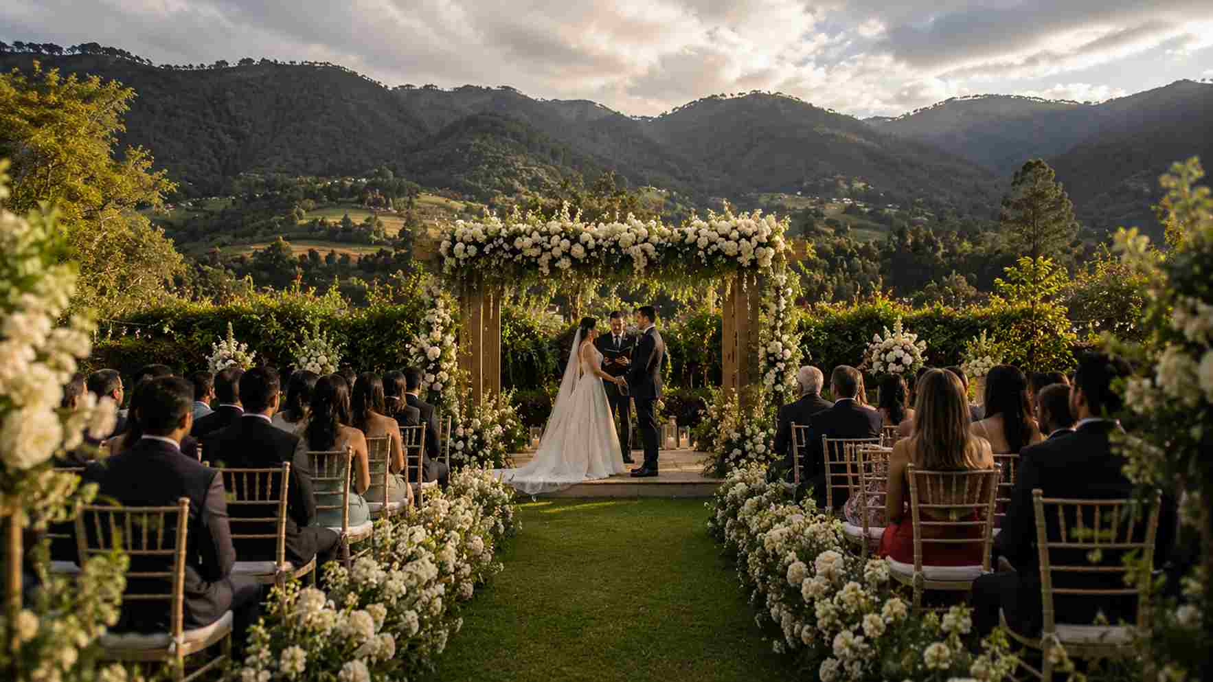 Ceremonia de boda campestre en un entorno natural con vista a la montaña. Foto: IDT