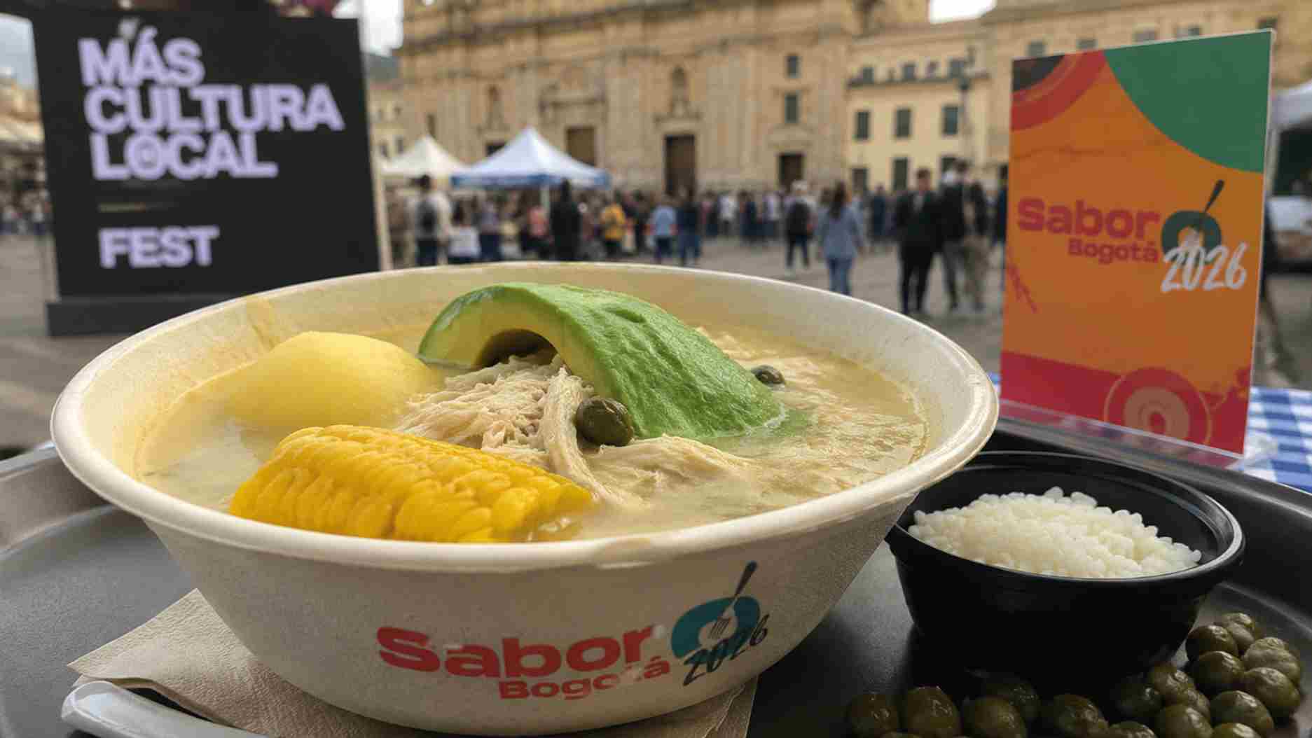 Tazón de ajiaco bogotano con pollo, mazorca y aguacate, servido al aire libre en la Plaza de Bolívar de Bogotá.