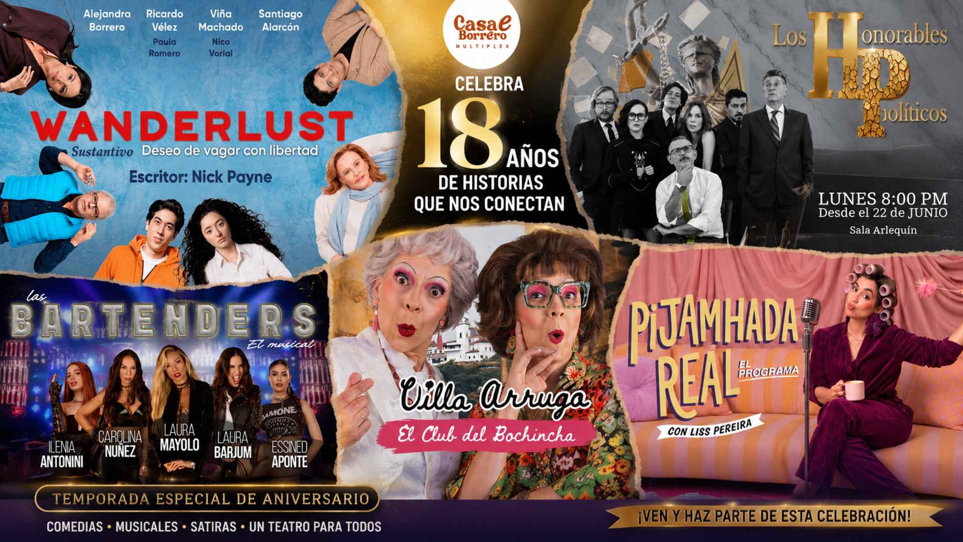 Collage publicitario con afiches de obras teatrales para la celebración de los 18 años del Teatro Casa e' Borrero.