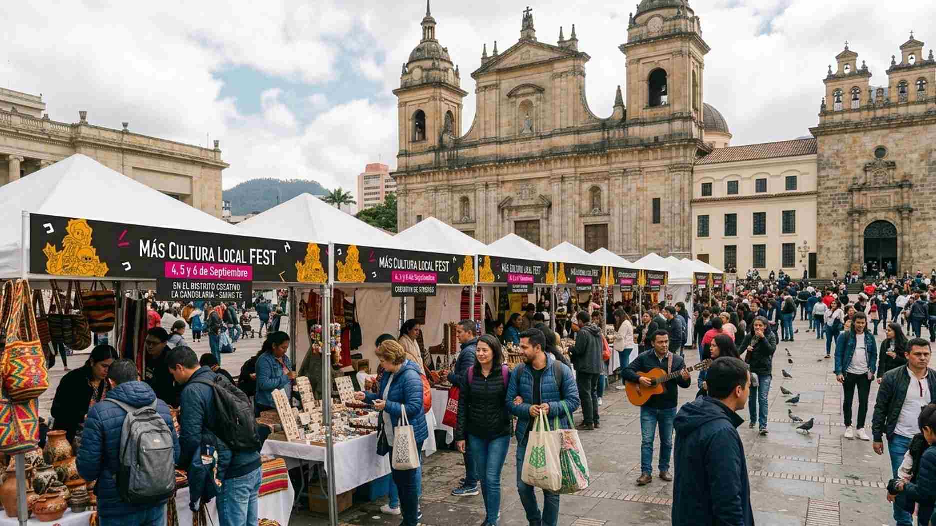 Ferias de artesanías con carpas blancas en la Plaza de Bolívar frente a la Catedral Primada con asistentes recorriendo.