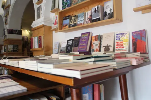 Garabato Libros, wide shot of books placed on a wooden table and leaning against a white wall
