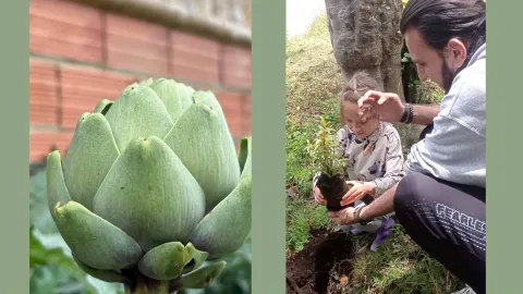 Grupo de personas en una zona rural se cubren de la lluvia y muestran artículos artesanales.