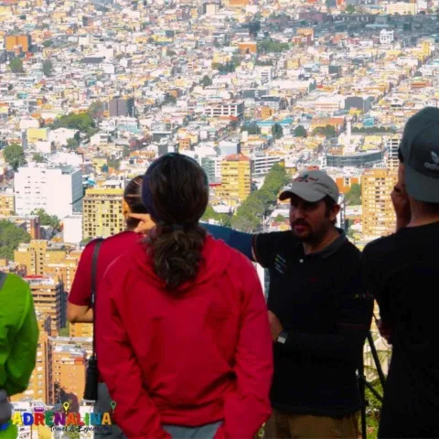 Grupo de personas de espalda observan la ciudad desde un mirador, mientras que un guia hombre parece explicar.