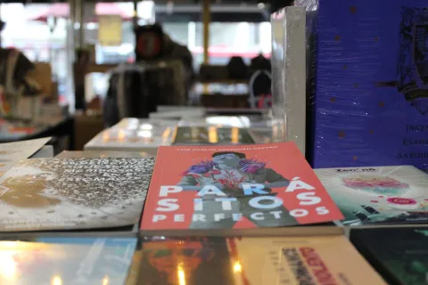  Librería La Valija de Fuego primer plano sobre libros en una mesa en el que se destaca uno rojo cuyo título es Parásitos perfectos, al fono borrosa una ventana con luz de la calle.