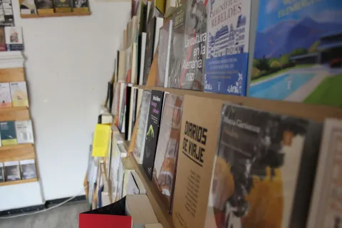  Garabato Libros, close-up on the right side of books placed on a wooden shelf. Some titles can be read.
