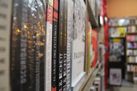  Librería La Valija de Fuego con primer plano de libros ordenados en anaquel y al fondo borroso otro anaquel lleno.
