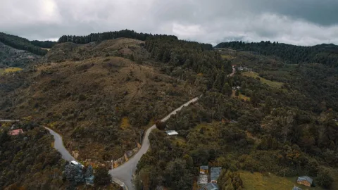 El Verjón Paramo, drone close-up of a mountain top surrounded by trees, crossed by an empty road.