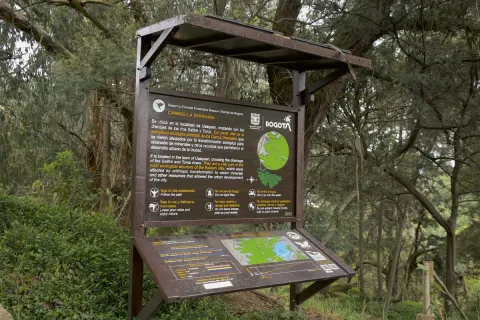 Aviso en madera en emdio del bosque.