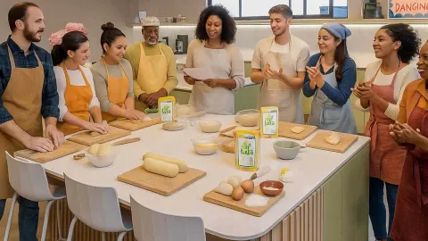 Grupo de personas de diferentes razas y edades con delantales alrededor de una mesa cuadrada y con amasijos.