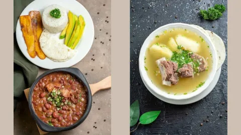  Platos de caldo de costilla y frijolada con arroz, plátano y aguacate.