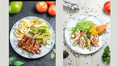  Un plato con costillas de cerdo, papas a la francesa y ensalada con cebolla y aguacate. Y otro plato con trozos de pollo, aguacate y tomate.