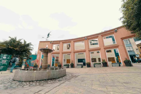 La Plazoleta del Chorro de Quevedo vista de frente a una pared de corlo rosa y en el centro una pila de agua. Una persona pasa a gran velocidad.