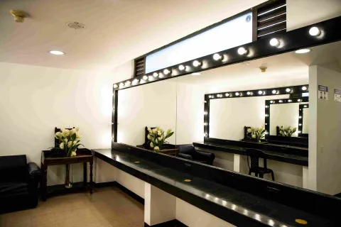 Interior del teatro en el que parece un camerino con una mesa de mármol larga y al frente de una pared en la que está un espejo rectangular del que sobresalen bombillas encendidas. Hay una flores en una mesa en una esquina.