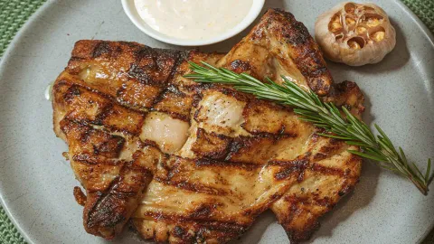 Una pechuga de pollo a la parrilla con marcas de la parrilla, romero fresco y una cabeza de ajo asada.
