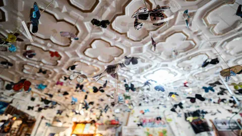 Techo de una habitación, decorado con mariposas y pájaros artificiales y de distintos colores. Todos cuelgan de hilos pegados al techo.
