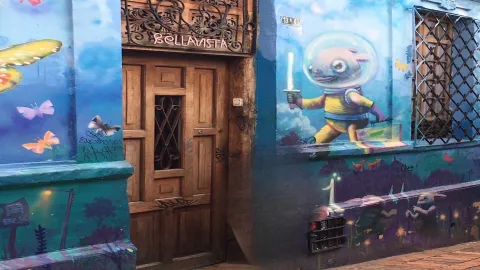 Fachada de una casa en la que hay un grafiti con un extraterrestre y varias mariposas. Hay una puerta antigua de madera.