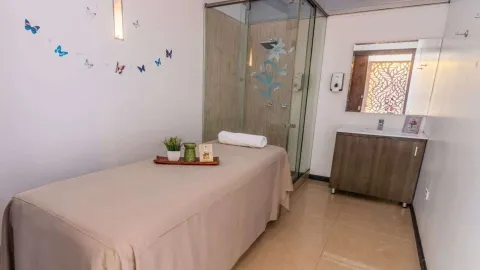 Habitación de hotel con cama king-size, cabecera gris acolchada y vistas exteriores.