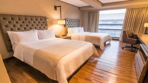 Habitación de hotel con dos camas dobles, cabeceras capitoné y ventanas grandes.