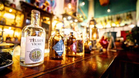 Primer plano de varias botellas en lo que parece ser un bar. Destaca una con una etiqueta cuya leyenda dice: "Tilson Viche".