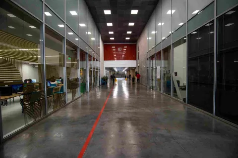 A long interior hallway lined with offices.