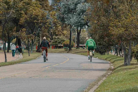  Un hombre y una mujer montados en bicicleta van por una vía entre un parque.