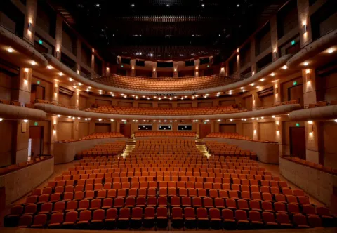 Interior of a theater, viewed from below, with several rows of gold-colored benches.