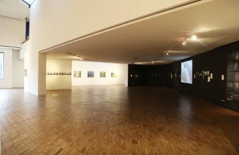 Interior room with a brick floor and several paintings on the black and white walls."