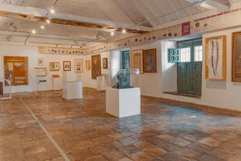 Salón interior con varias piezas en exhibición en las paredes y en el suelo dentro de unas vitrinas. Hay una ventana un poco abierta y de la cual entra algo de luz natural.
