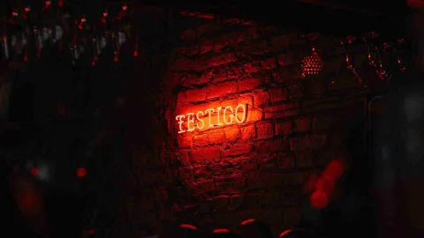  Letrero de neón rojo brillante con la palabra "TESTIGO" montado sobre una pared de ladrillo oscura.