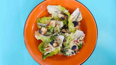 Plato naranja conteniendo una ensalada compuesta por lechuga, anchoas, crutones, queso y hojas oscuras.