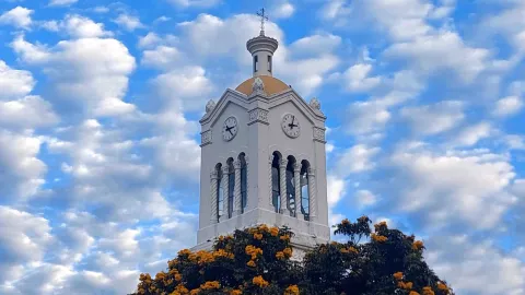  View of the white clock tower with a cross atop the dome, surrounded by a blue sky with a few white clouds and some flowering tree branches.