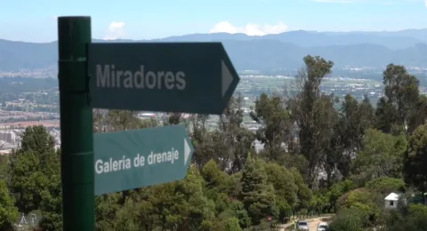 Señal que indica la dirección hacia el mirador y la galería de drenaje.