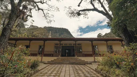 Vista frontal de la Quinta de Bolívar, una casa histórica de estilo colonial rodeada de jardines y altos árboles. Un camino empedrado conduce a la entrada principal con escaleras y un corredor con barandas de madera, mientras al fondo se observan las montañas verdes que rodean el lugar.