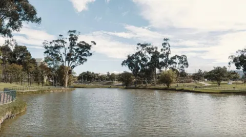 A tranquil lake in an urban park, surrounded by tall trees and green areas. Pedestrian paths and metal railings are visible along the sides, with buildings in the distance under a partly cloudy sky.