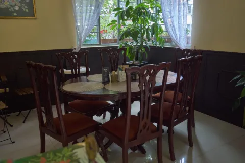 La imagen muestra un comedor de estilo clásico, con una mesa redonda de madera rodeada por sillas talladas en tonos oscuros. La luz natural entra por una ventana con cortinas ligeras, iluminando una planta ubicada en el centro.