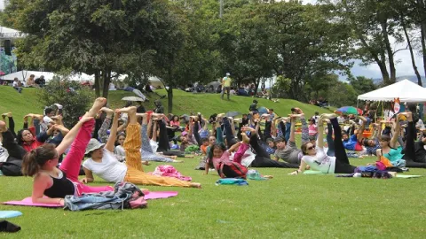 Grupo de personas practicando ejercicio y estiramientos en un parque, sobre colchonetas al aire libre.